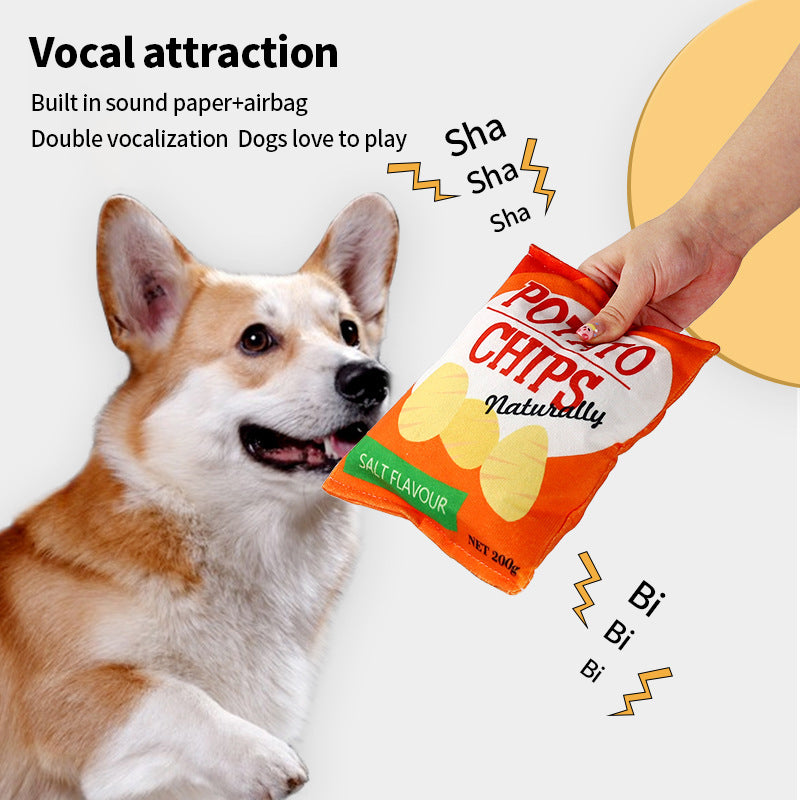 PetTime plush dog toy shaped like potato chips, soft fabric chew toy for dogs, realistic snack-inspired design.