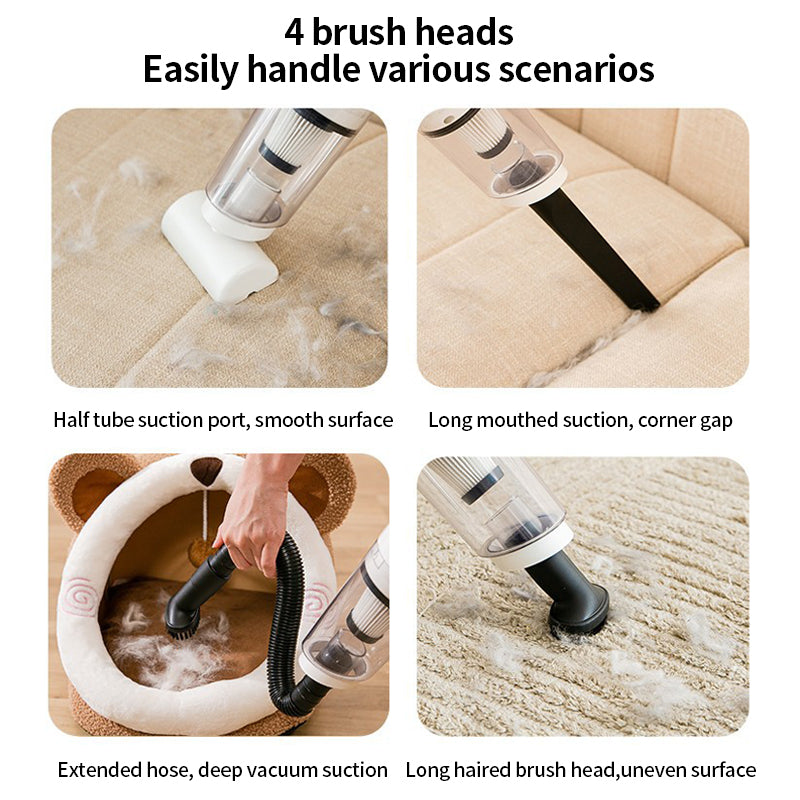 PetTime Pet Hair Absorber with strong suction force, showing the device cleaning pet hair from furniture surface.