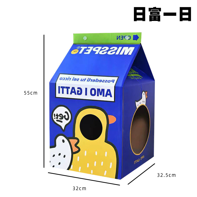 PetTime cat cardboard house with milk carton scratch board, featuring a cozy, interactive hideaway for cats to scratch and relax.
