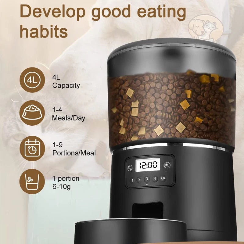 PetTime Smart Pet Feeder 4L automatic cat and dog food dispenser showing digital controls and food tray.