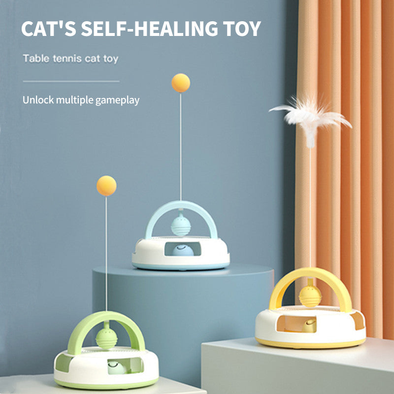 PetTime gravity table tennis cat toy with a colorful ball and catnip, designed to entertain cats with interactive play.