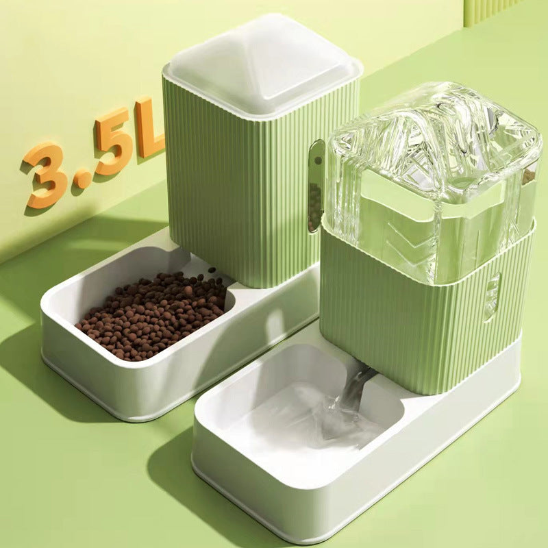 PetTime automatic cat water dispenser and dog feeder showing a sleek, white device with a water bowl and food compartment.