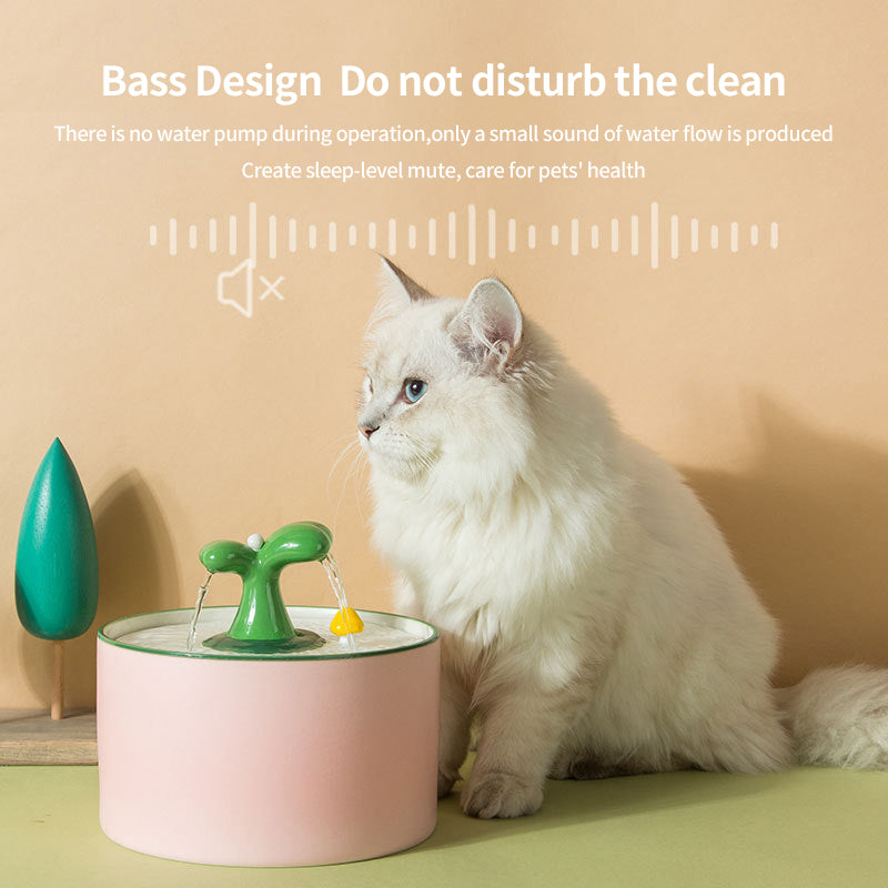 PetTime electric ceramic water dispenser for pets, showing a sleek, automatic water fountain with a ceramic bowl and water flowing.