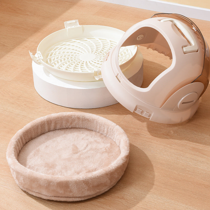 PetTime cat portable space capsule showing a cozy, lightweight carrier with transparent windows and soft interior for travel.