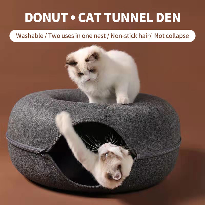 PetTime felt cat nest and donut tunnel for four seasons, cozy and universal cat bed with soft, durable fabric for all weather use.