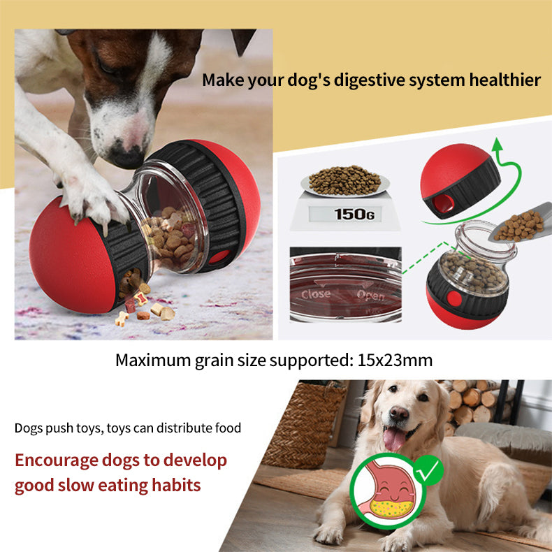 PetTime rolling food training dog toy with adjustable compartments for slow feeding and interactive play.