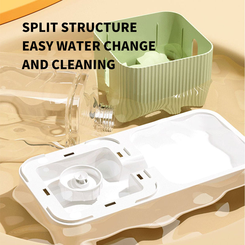 PetTime automatic water dispenser and feeder for cats and dogs, showing a sleek plastic design with water and food compartments.