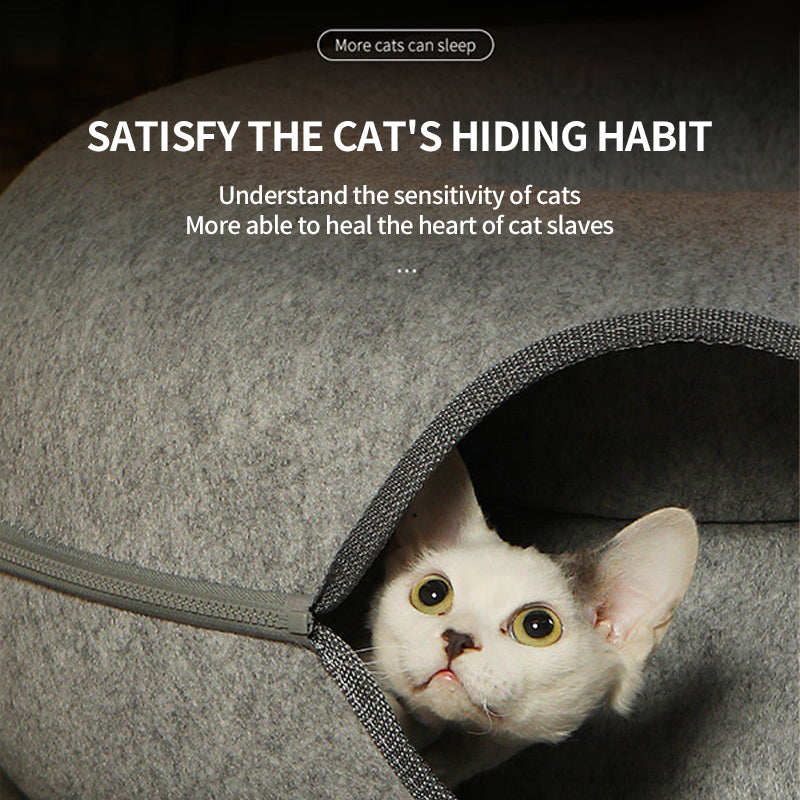 Felt cat nest and donut tunnel by PetTime, four-season universal cozy hideaway and play space for cats.