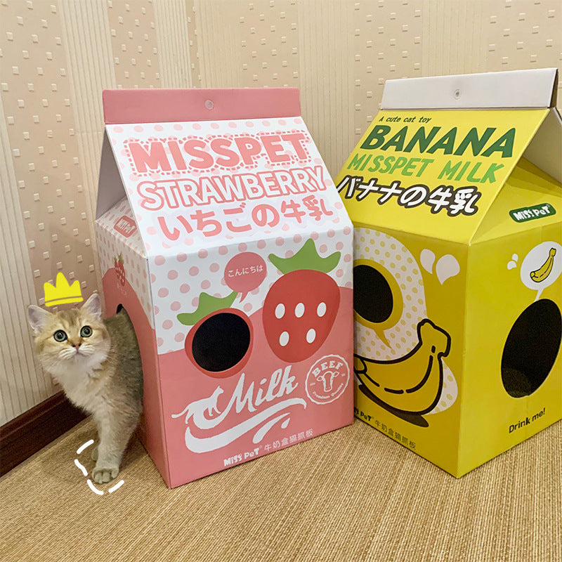 PetTime cat cardboard house milk carton scratch board with a cozy cardboard structure for feline play and scratching.