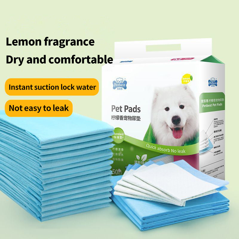 PetTime lemon-scented dog pee pads showing absorbent surface and packaging for training and indoor use