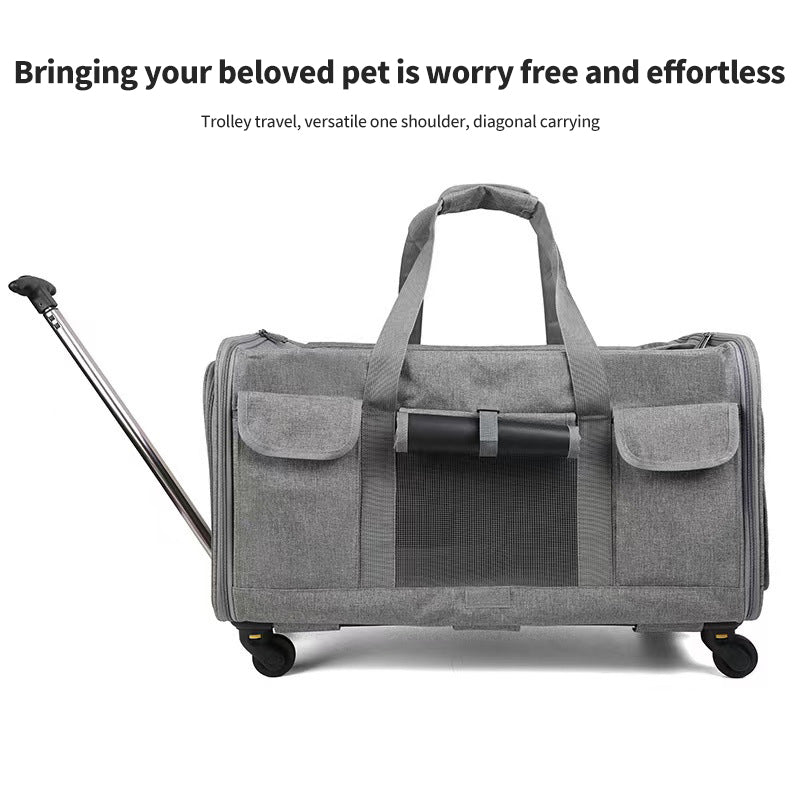 PetTime pet trolley with shoulder strap, portable crossbody suitcase designed for travel and convenience.