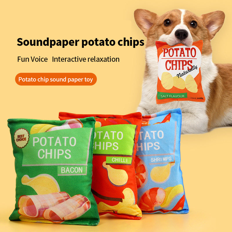 PetTime plush dog toy shaped like potato chips, soft and cuddly snack-themed dog toy for pets.