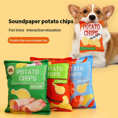 PetTime plush dog toy shaped like potato chips, soft and cuddly snack-themed dog toy for pets.