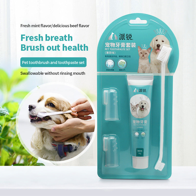 PetTime pet toothpaste and toothbrush set with toothbrush and toothpaste tube for cleaning pets' teeth.