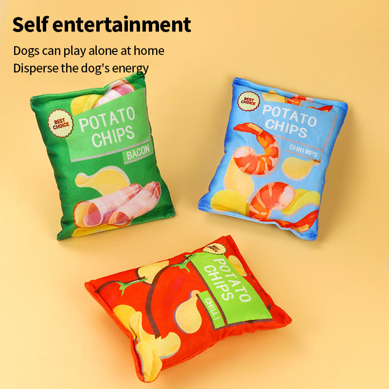 PetTime plush dog toy shaped like potato chips, soft and cuddly for dogs to chew and play with.