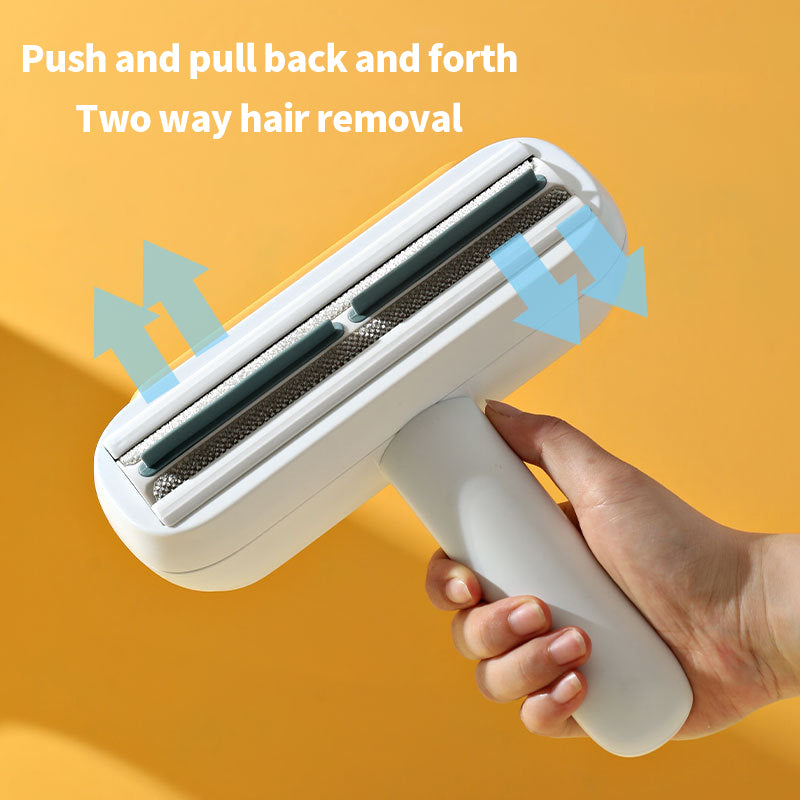 PetTime double-sided pet hair removal brush with textured and smooth surfaces for effective fur removal from furniture and clothes.