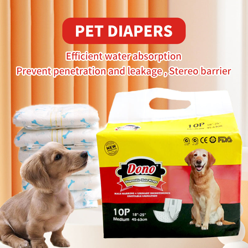 PetTime DONO dog absorbent sanitary pads shown in a pack with multiple pads, designed for pet hygiene and odor control.