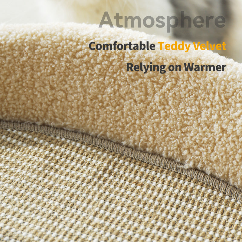 PetTime sisal cat scratching board and cozy cat bed combo, with sisal surface and soft fabric for feline comfort and entertainment.