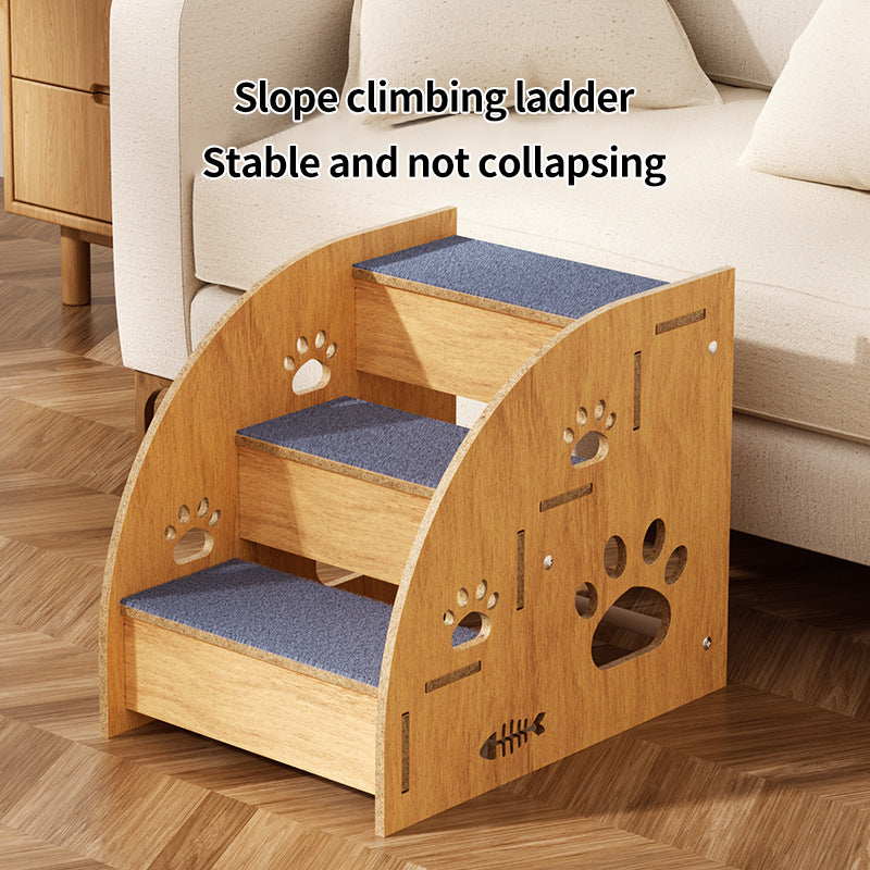 PetTime wood pet staircase with anti-slip surface, designed to help pets easily climb onto furniture or beds.