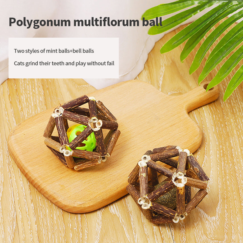 Wooden Polygonum catnip ball toy for cats by PetTime, featuring a natural wooden design and embedded catnip for feline entertainment.