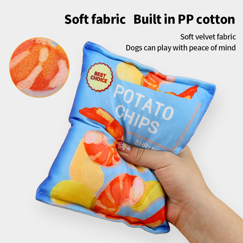 PetTime plush dog toy shaped like potato chips, soft and colorful, perfect for dogs to chew and cuddle.