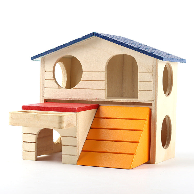 PetTime hamster double decker wooden house with multiple levels and cozy interior for small pets, ideal for hamster habitat.