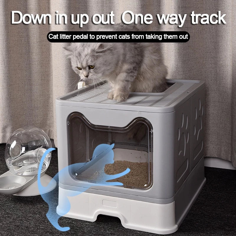 PetTime fully enclosed cat litter box with high sides and door for odor control and privacy, shown in a clean, modern design.