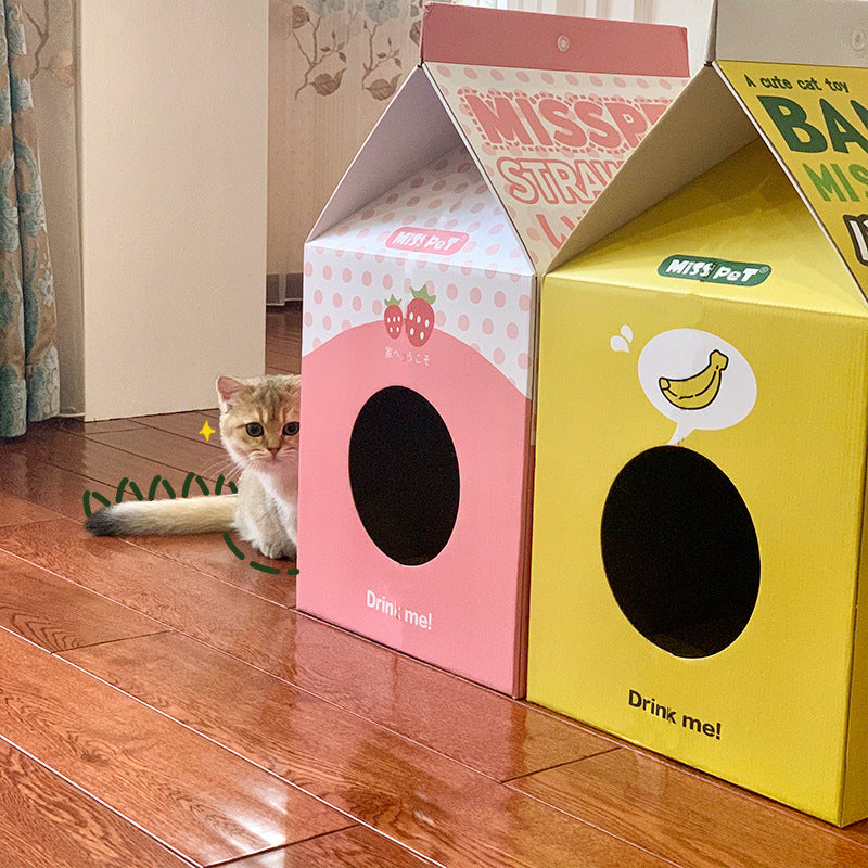 PetTime cat cardboard house milk carton scratch board with textured surface for feline scratching and play.