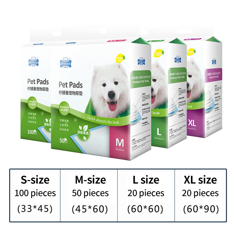 PetTime lemon-scented dog pee pads on a clean surface, showing absorbent layers and fresh citrus scent for indoor pet potty training.