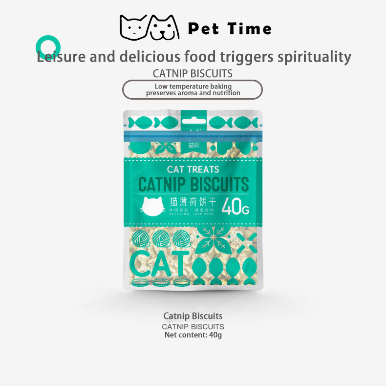 PetTime catnip snack cookies and biscuits for cats, showing crispy treats with visible catnip bits in a natural setting