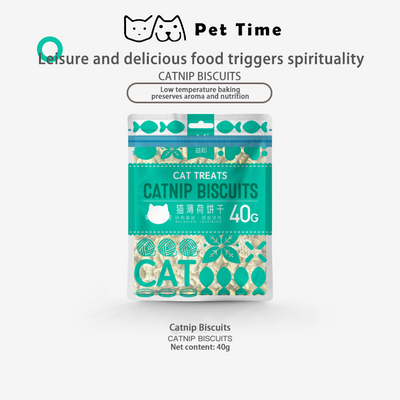 PetTime catnip snack cookies and biscuits for cats, showing crispy treats with visible catnip bits in a natural setting