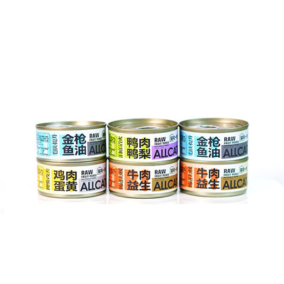 PetTime canned cat food 85g with beef, duck, tuna, and egg yolk in colorful packaging.