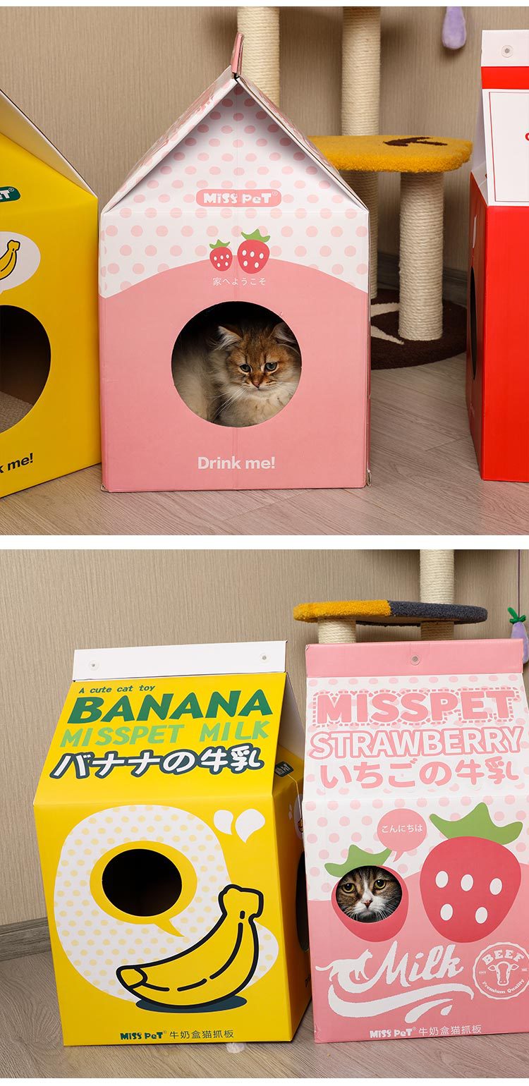 PetTime cat cardboard house with milk carton scratch board, featuring a cozy, interactive feline play and scratching surface.
