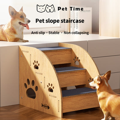 Wood pet staircase by PetTime with anti-slip steps, designed to help small pets climb smoothly and safely.