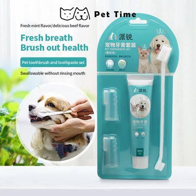 PetTime pet toothpaste and toothbrush set with a toothbrush and tube of pet-safe toothpaste on a white background.