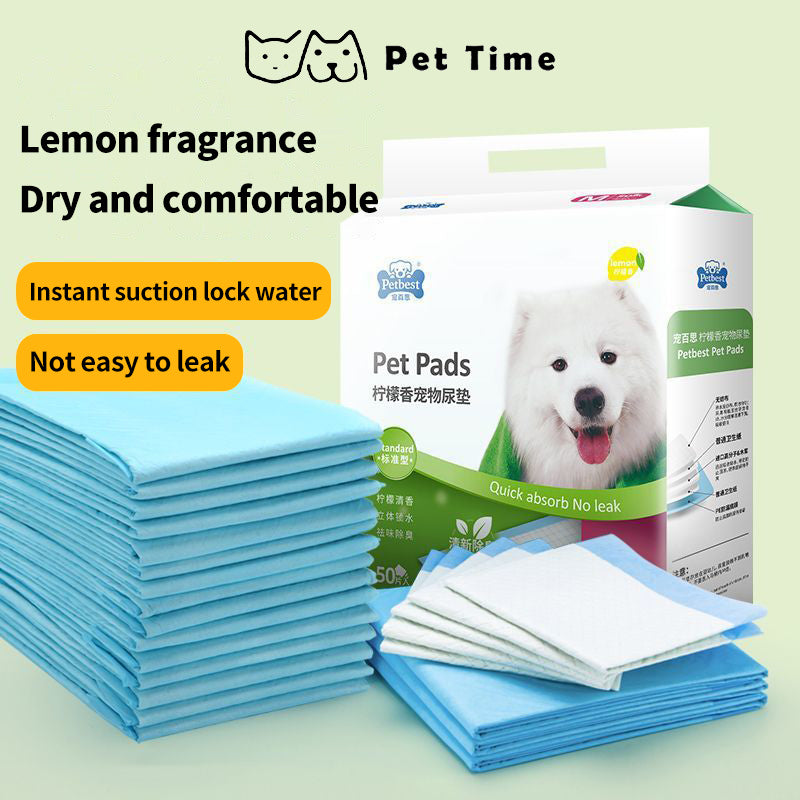 PetTime lemon-scented pet dog pee pads laid out on a surface, designed for training and indoor use.
