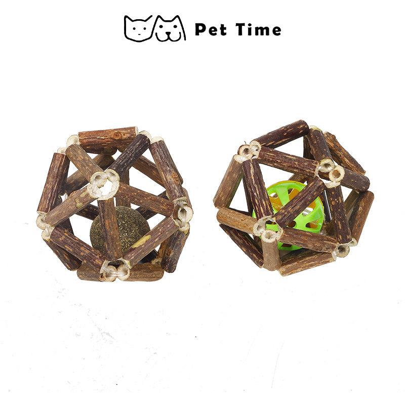 Wooden Polygonum catnip ball toy for cats by PetTime, showing a natural wooden ball with embedded catnip for playful feline fun