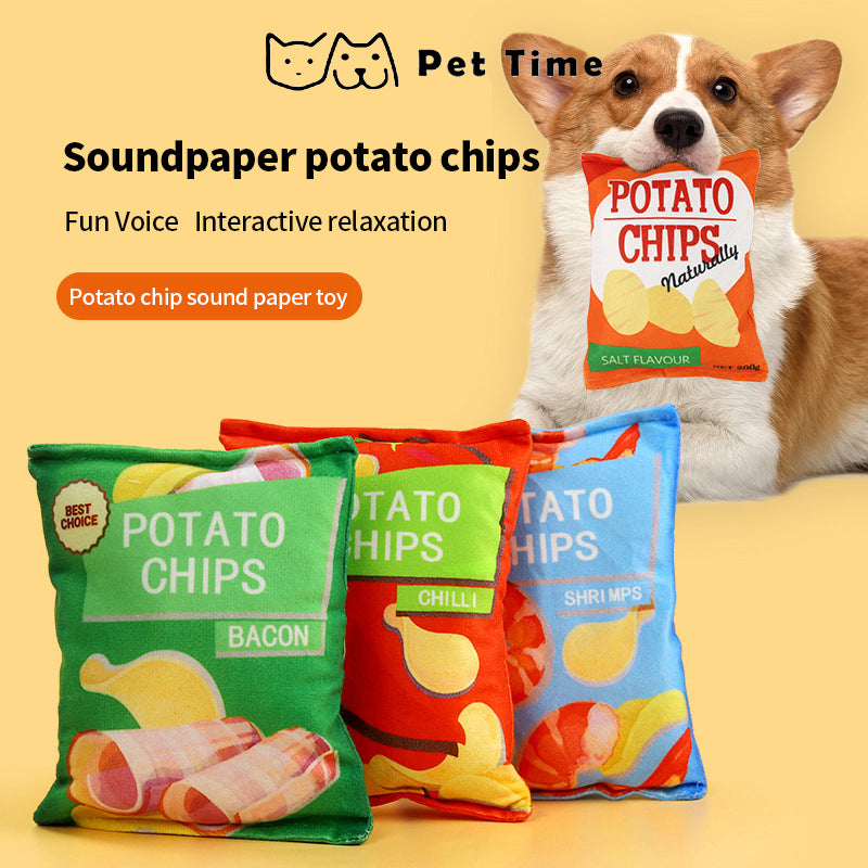 PetTime plush dog toy shaped like potato chips, soft and colorful with realistic chip details, perfect for playful dogs.