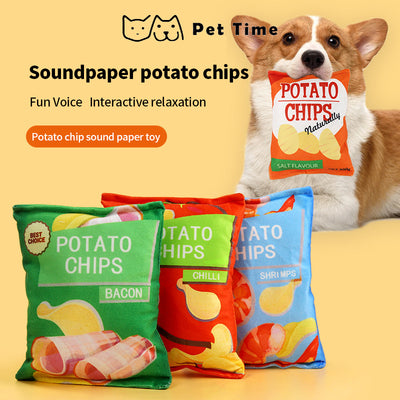PetTime plush dog toy shaped like potato chips, soft and colorful with realistic chip details, perfect for playful dogs.