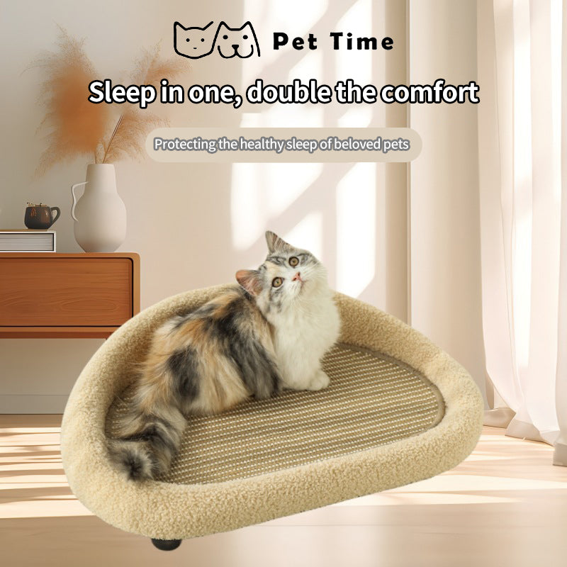 PetTime sisal cat scratching board and cozy cat bed with soft cushions, designed for feline comfort and entertainment.