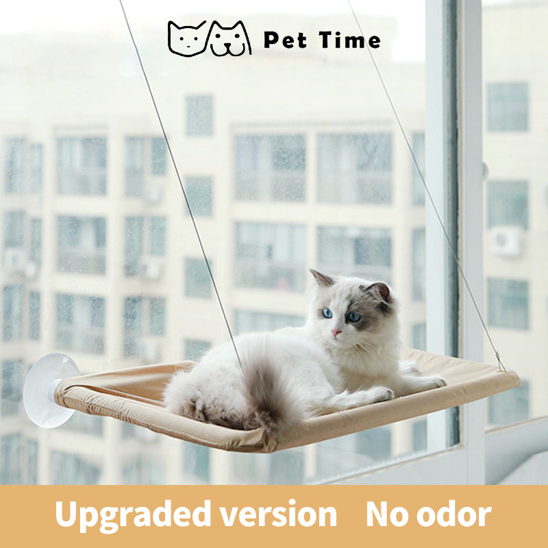PetTime window-mounted pet nest bed attached to a window, cozy fabric interior for small pets to rest and enjoy sunlight.