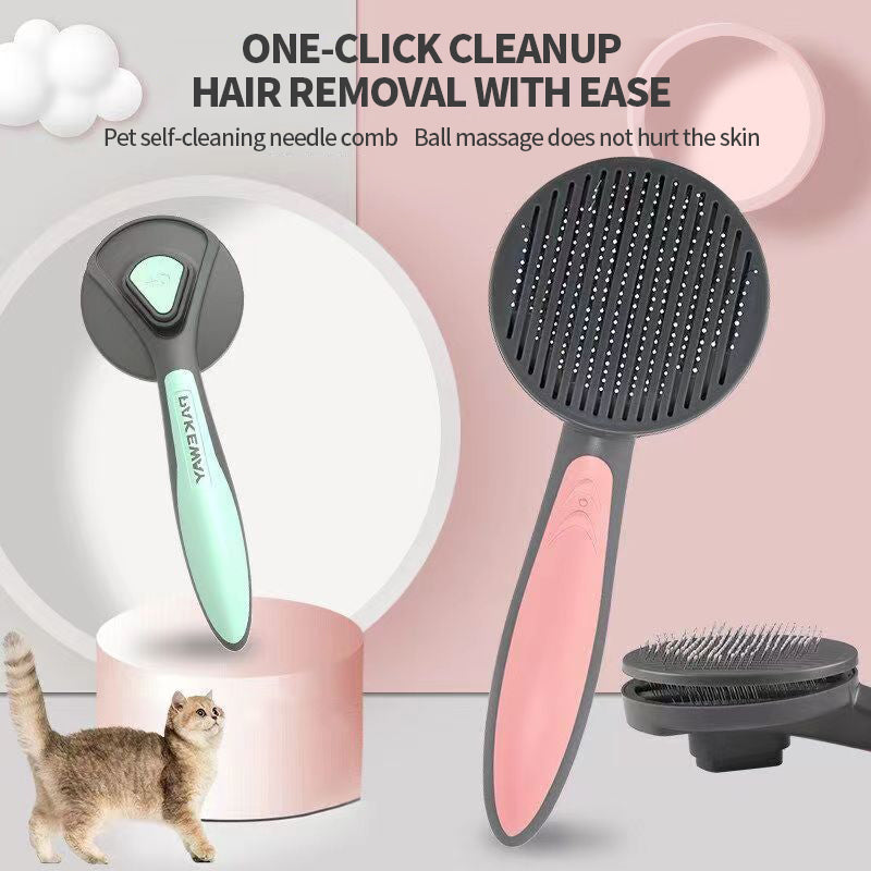 PetTime Pet Brush Pakeway self-cleaning grooming brush with ergonomic handle and metal bristles for easy pet grooming.