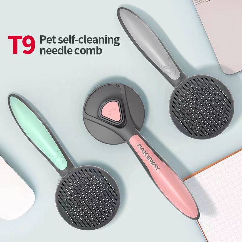 PetTime PetBrush Self-Cleaning Professional Grooming Brush showing bristles and ergonomic handle for easy pet shedding removal
