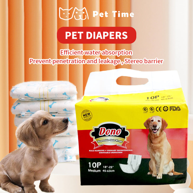 PetTime DONO Dog absorbent sanitary pads laid out on a clean surface, showing multiple pads with blue and white packaging.