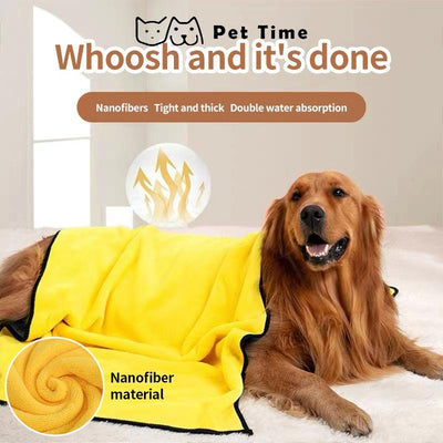 Soft and absorbent PetTime pet bath towel draped over a towel rack, showcasing its plush fabric and gentle texture.