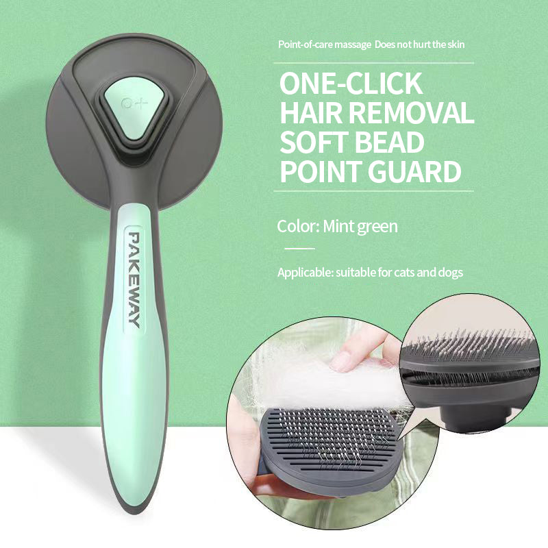 Mint green PetTime self-cleaning pet grooming brush with ergonomic handle and stainless steel bristles for easy grooming.