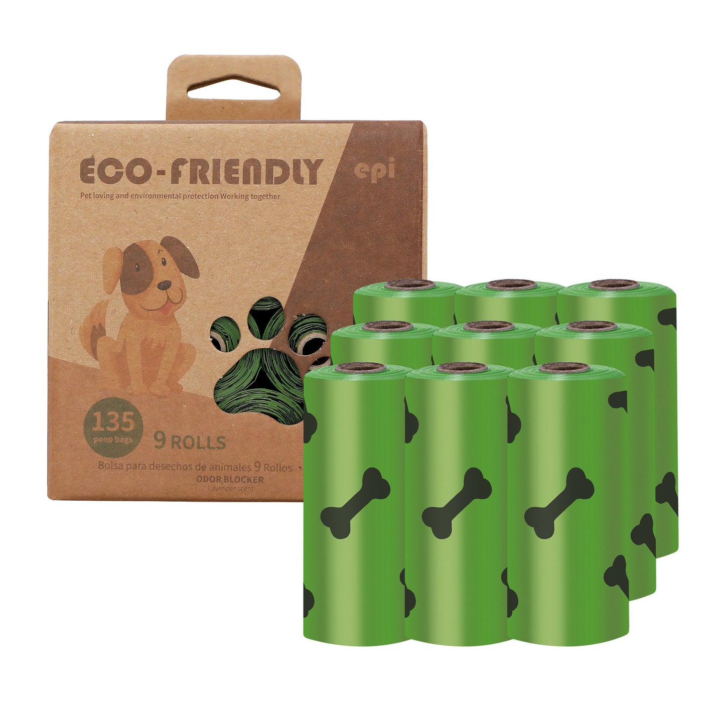 PetTime dog poop bags for waste collection, showing a pack of biodegradable excrement collection bags for pet cleanup.