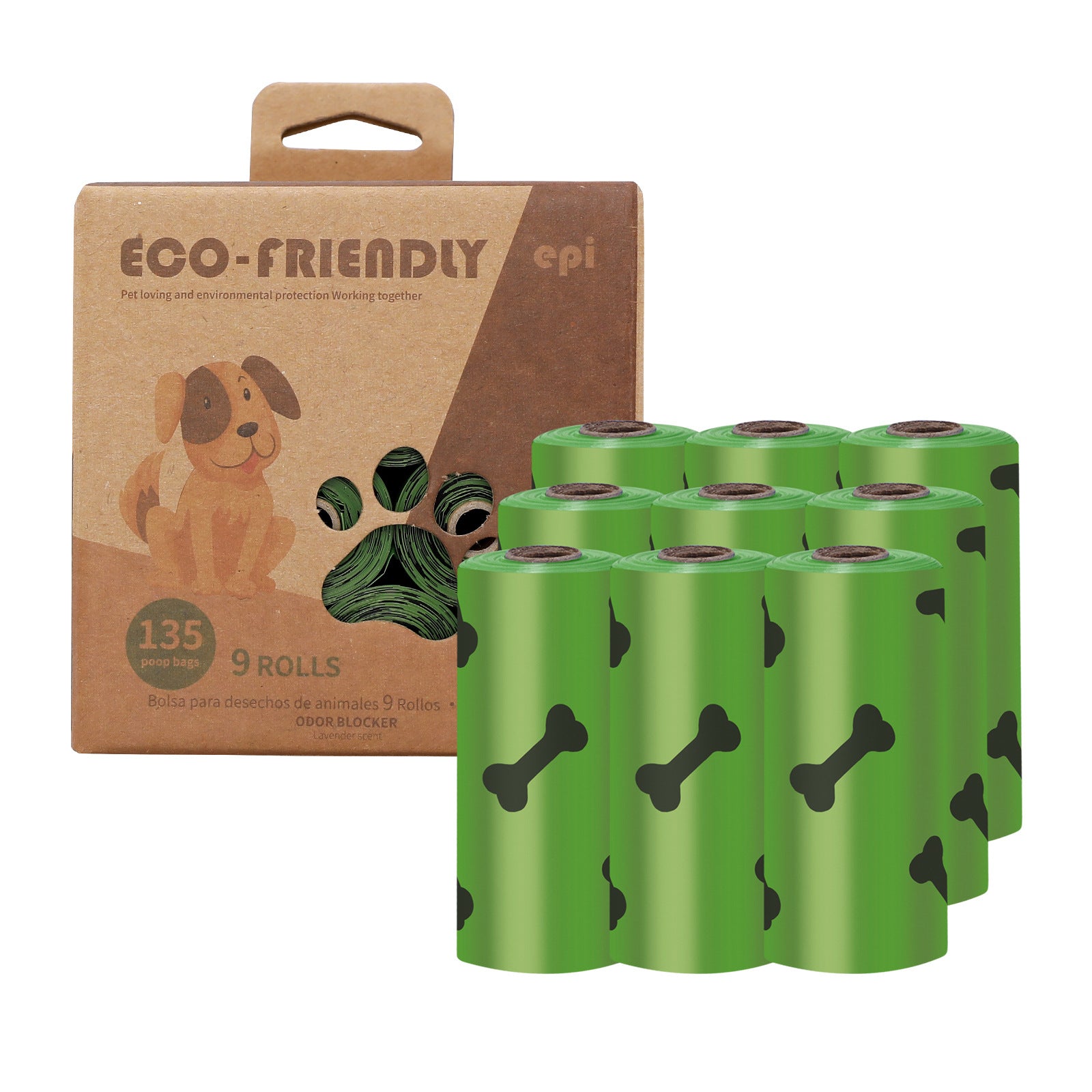 PetTime dog poop bags for waste collection, showing a pack of biodegradable excrement collection bags for pet cleanup.