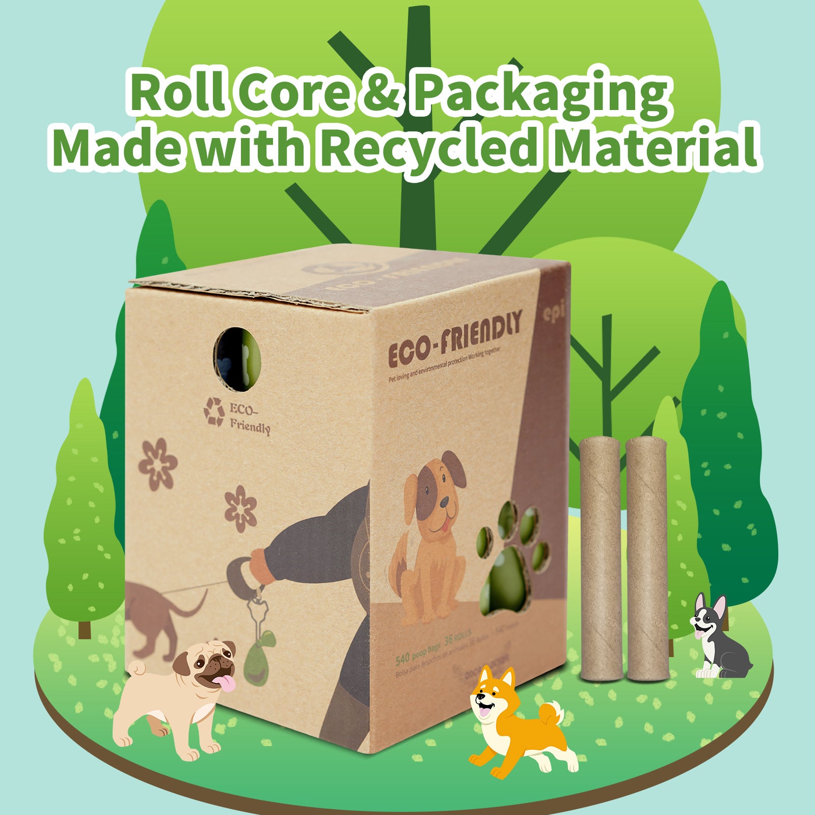 PetTime dog poop collection bag with biodegradable design, showing a rolled-up bag ready for waste pickup in outdoor setting.