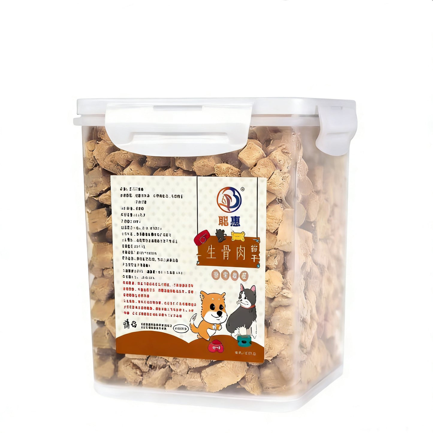Freeze-dried pet snacks bucket with raw bone meat by PetTime, showcasing a variety of crunchy, natural dog treats in the bucket.